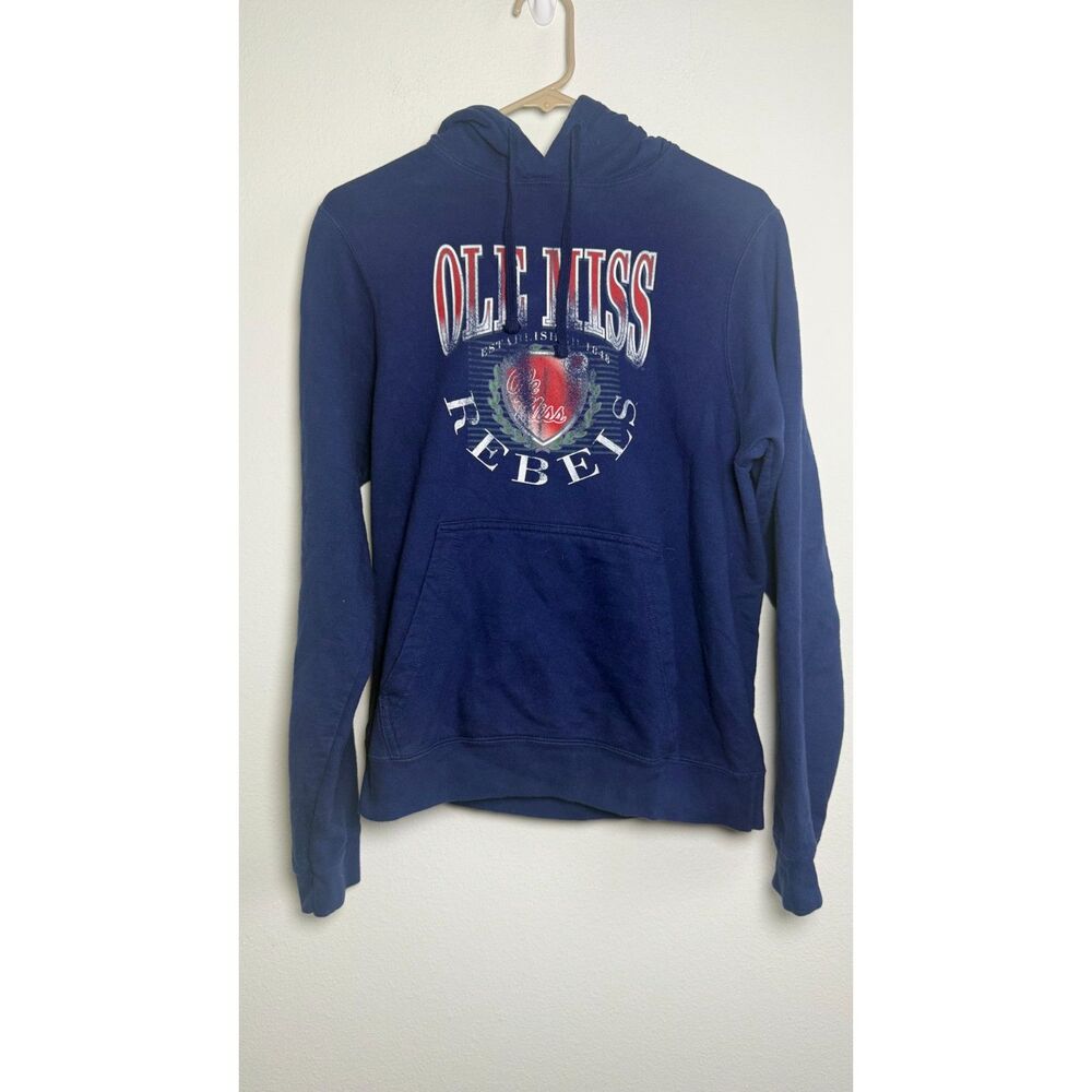 Ole Miss Rebels Hoodie Small Navy Blue Distressed Graphic Pullover Sweatshirt
